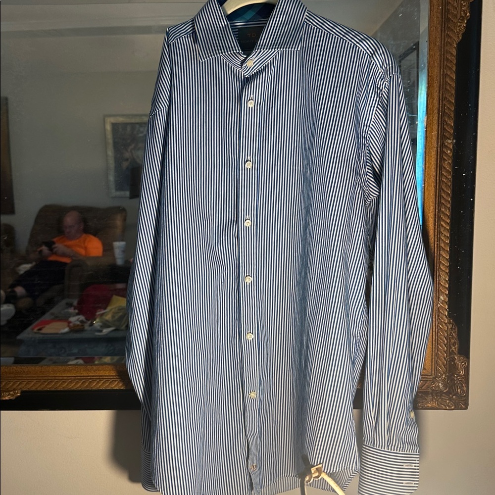 Men’s Thomas  Dean Navy and White Striped Shirt
